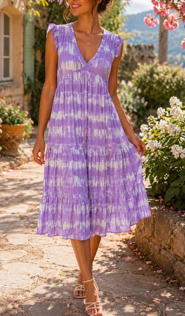 💜 Robe mi-longue sans manches lilas & blanc – Taille U